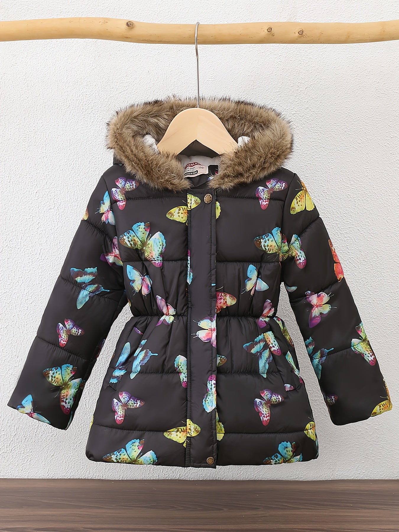 [Winter Quilted Coat] JOMAKE Winter Warmth Girls' Quilted Hooded Coat | Cartoon Print, Long Sleeve, Midi Length, Regular Fit, 100% Polyester, Non-Stretch Fabric, Zipper Placket, Cute Style