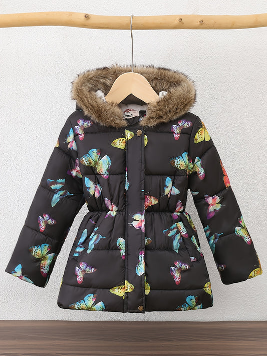 [Winter Quilted Coat] JOMAKE Winter Warmth Girls' Quilted Hooded Coat | Cartoon Print, Long Sleeve, Midi Length, Regular Fit, 100% Polyester, Non-Stretch Fabric, Zipper Placket, Cute Style