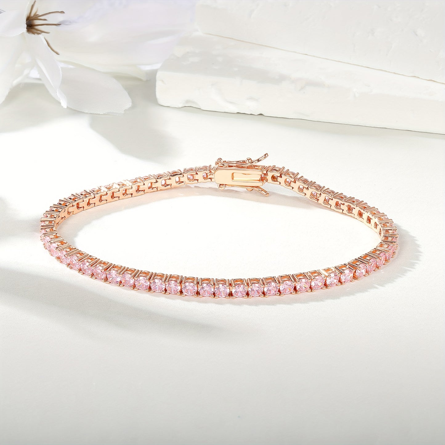 June Birthstone Tennis Bracelet - 3mm Pink Cubic Synthetic Cubic Zirconiaia Sparkling Interlocking Loop Jewelry for Men & Women, Pink CZ Birthday Gift for June Birthdays, Christmas, Parties, Year-Round Wear, Affordable Luxury