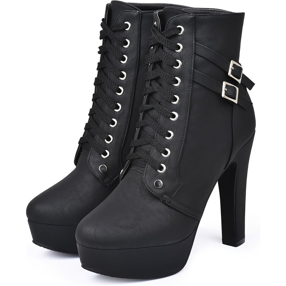 High Heel Boots For Women, Womens Platform Boot Heels Sexy Round Toe Lace UP High Heels Mid Calf Boots