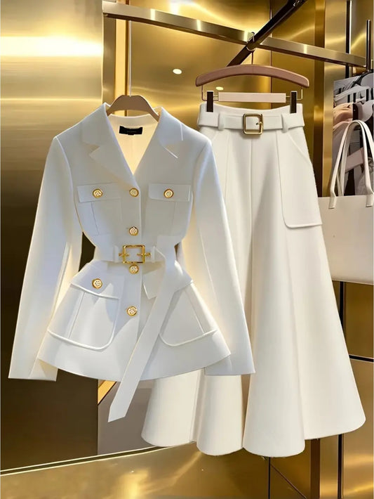 2pcs Women's White Suit & Skirt Set - Elegant Waist-Defining Business Attire with Collar Blazer & Matching Skirt, Hand Washable Office Wear for Corporate Events, Winter Professional Outfits (No Stretch)