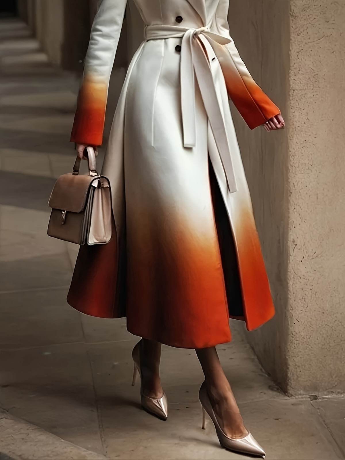 Women'S Winter New A-Line Long Sleeves Buttoned Gradient Split-Joint Tied Waist Notched Collar Coat