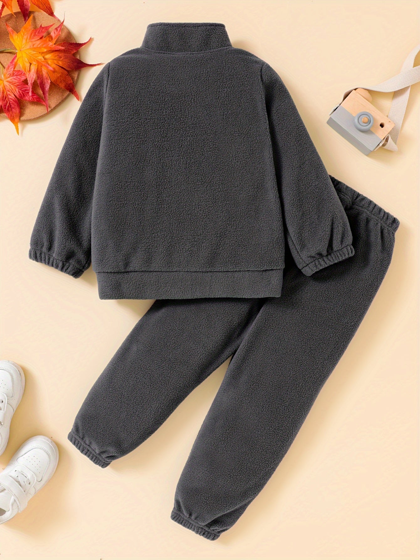 Boys' Autumn/Winter Gray Solid Color -Lined Warm Zip-Up Top & Pants Two-Piece Set, Perfect for Outdoor
