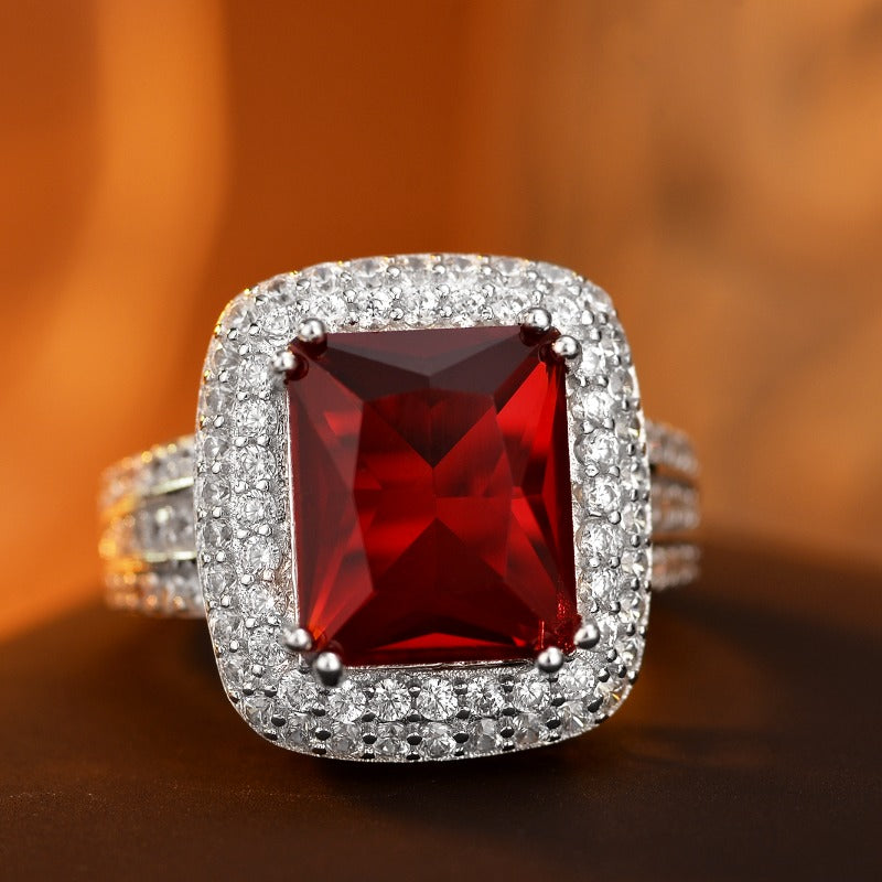 925 Sterling Silver Lady'S Ring, with Luxurious And Fashionable Design, Red Princess Square Cut, Set with 5A Zirconia Stones, Suitable for Daily Wear, Engagement Ring, Parties, As A Gift for Your Girlfriend