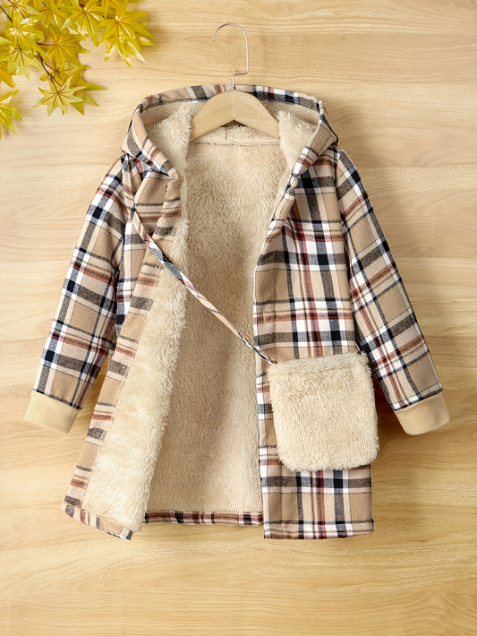 Girls' Winter Warm Plaid Hooded Jacket with Matching Bag - Thickened Button-Front Closure Coat, Long Mid-Length Outerwear for, Playdates & Cold Weather (Machine Washable)