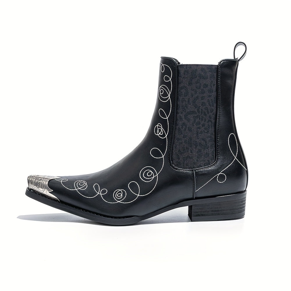 Men's Slip-On Iron-Toed Cowboy Boots with Imitation Leopard Print & Elastic Band - Low Heel Western Chelsea Boots, Pointed Toe & Round Sole for Weddings, Parties, Business - All-Season Comfortable Booties