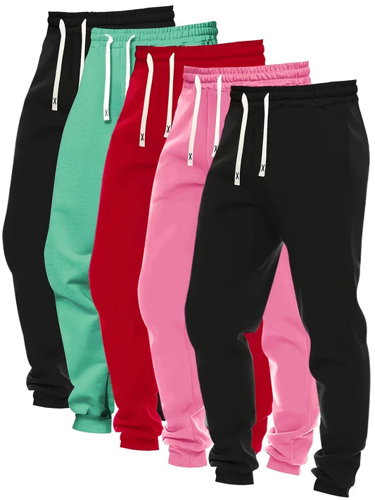 [Bulk Pack, Women's Track Pants] 5pcs Pack Women's Wide-Leg Full-Length Track Pants | Winter & Fall Running, Jogging, Gym Wear - Semi-Sheer Solid Color with Cuffed Ankle (Pocketed) - All-Season Loose-Fit Athletic Pants - Hand