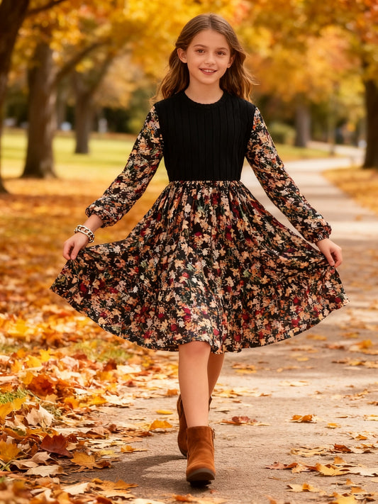 Girls' Vintage Floral A-Line Long Sleeve Dress with Sunflower Hem - Color Block Design, Regular Fit for Spring/Autumn/Winter, Casual Style, Perfect for Spring, Autumn, Or Winter Wear, Autumn Dress | Vintage Floral Dress | Pol