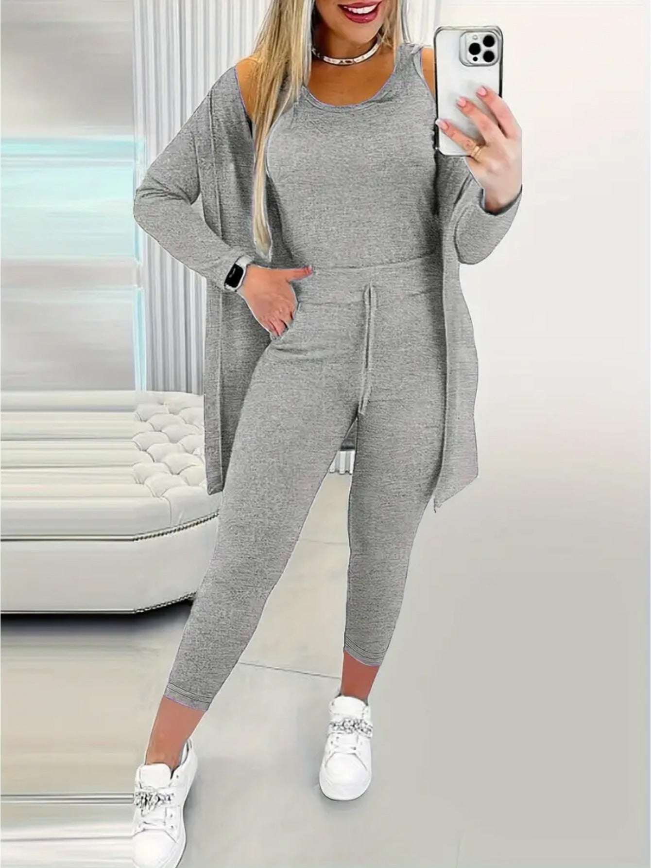 [Women's 3-Piece Set] Women's Fashion Three-Piece Set - Solid Color Long-Sleeved Long Pants Suspender Home Wear Set