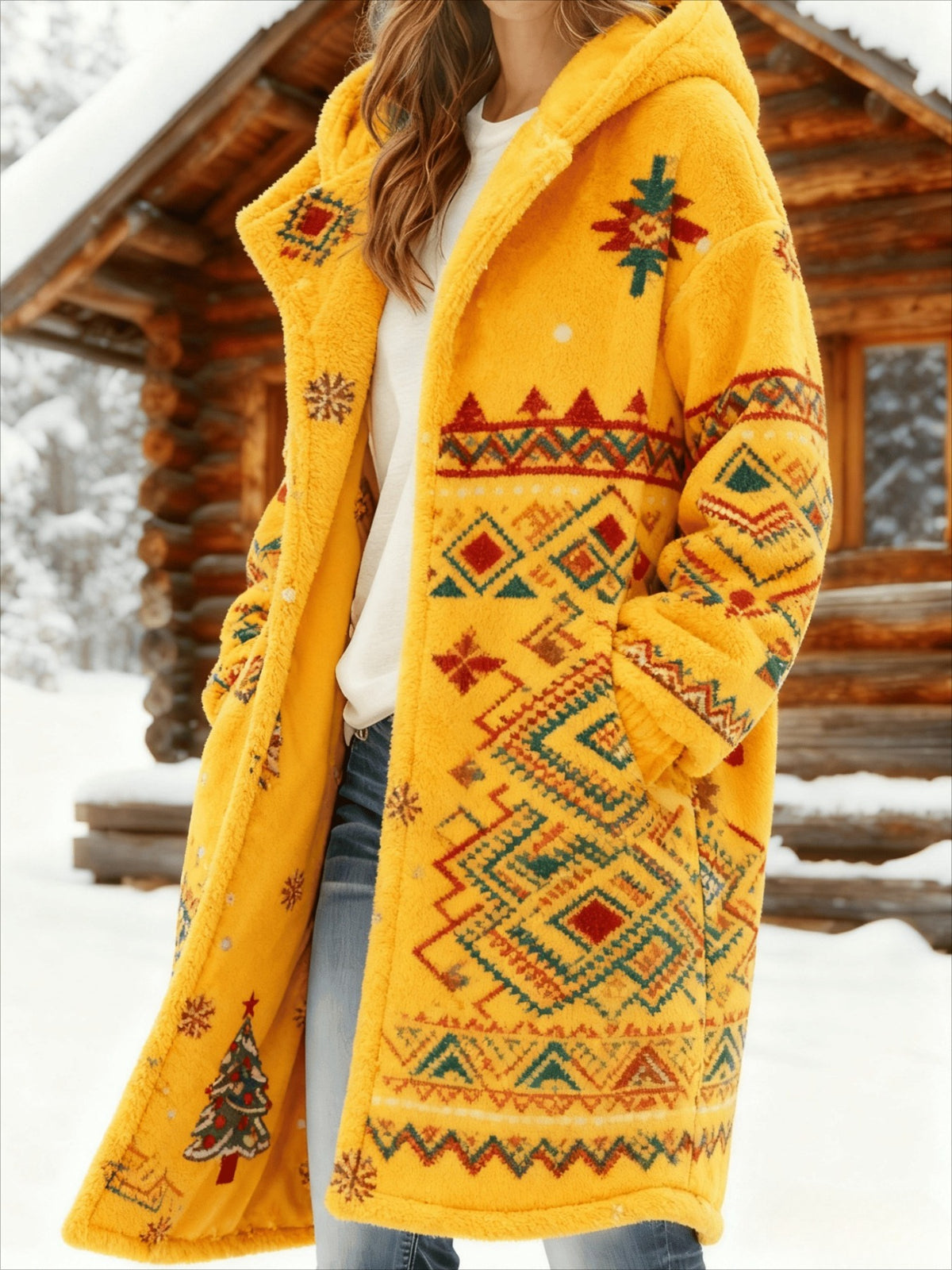 Women's Plush Winter Hooded Long Coat with Hood - Loose Winter Jacket, Button-Front Closure & Machine Washable, Warm Outerwear for Christmas, for home, and Cold Weather (Coastal/GUrban Style)