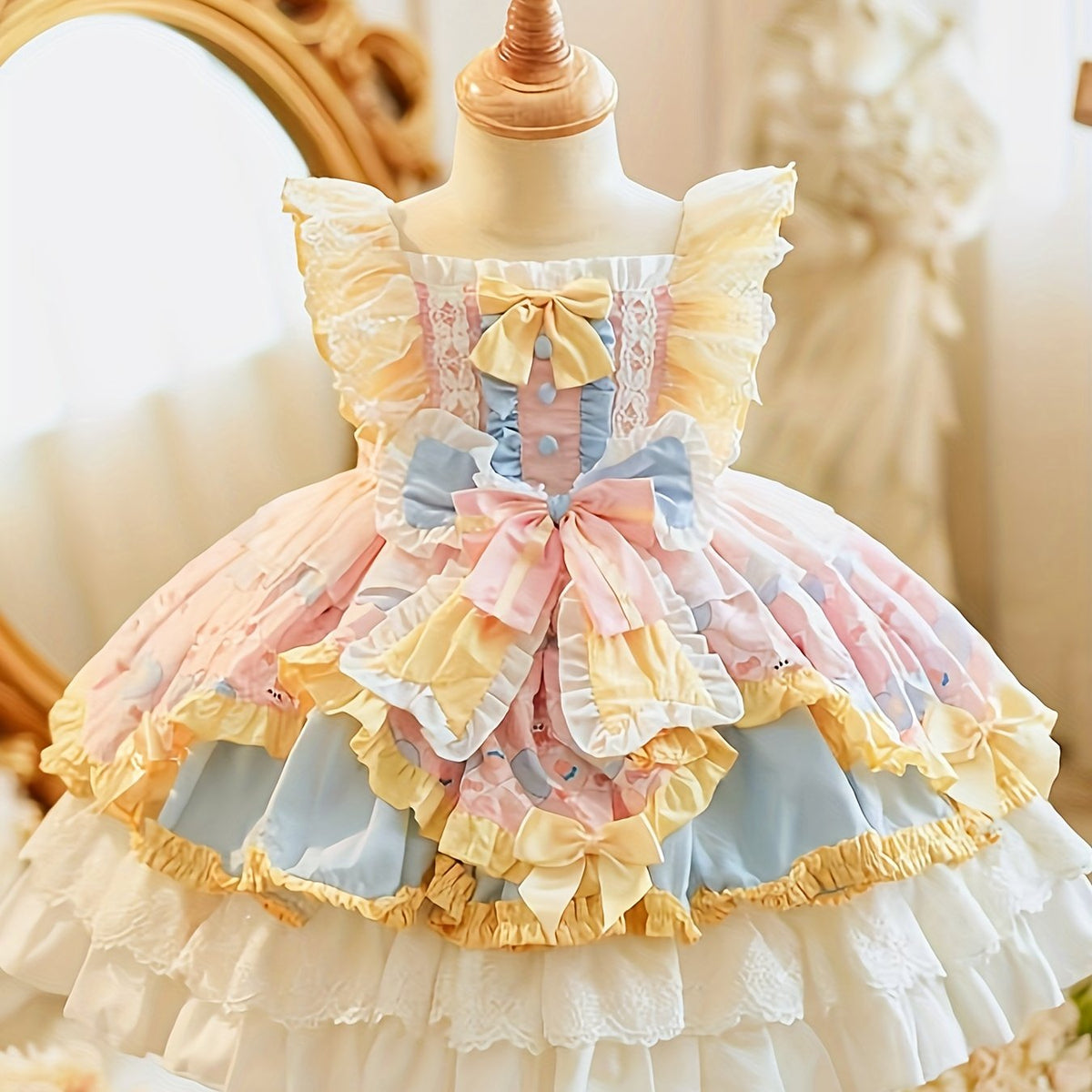 2025 Autumn New Arrival Princess Birthday Party dress - Pastel Pink & Yellow tutu gown, Flared lower half, Non-Stretchy fabric for Birthday, Photoshoots - Victorian-Style Floral Tulle Puffy Dress - Lace Trim Layered Skirt, Al