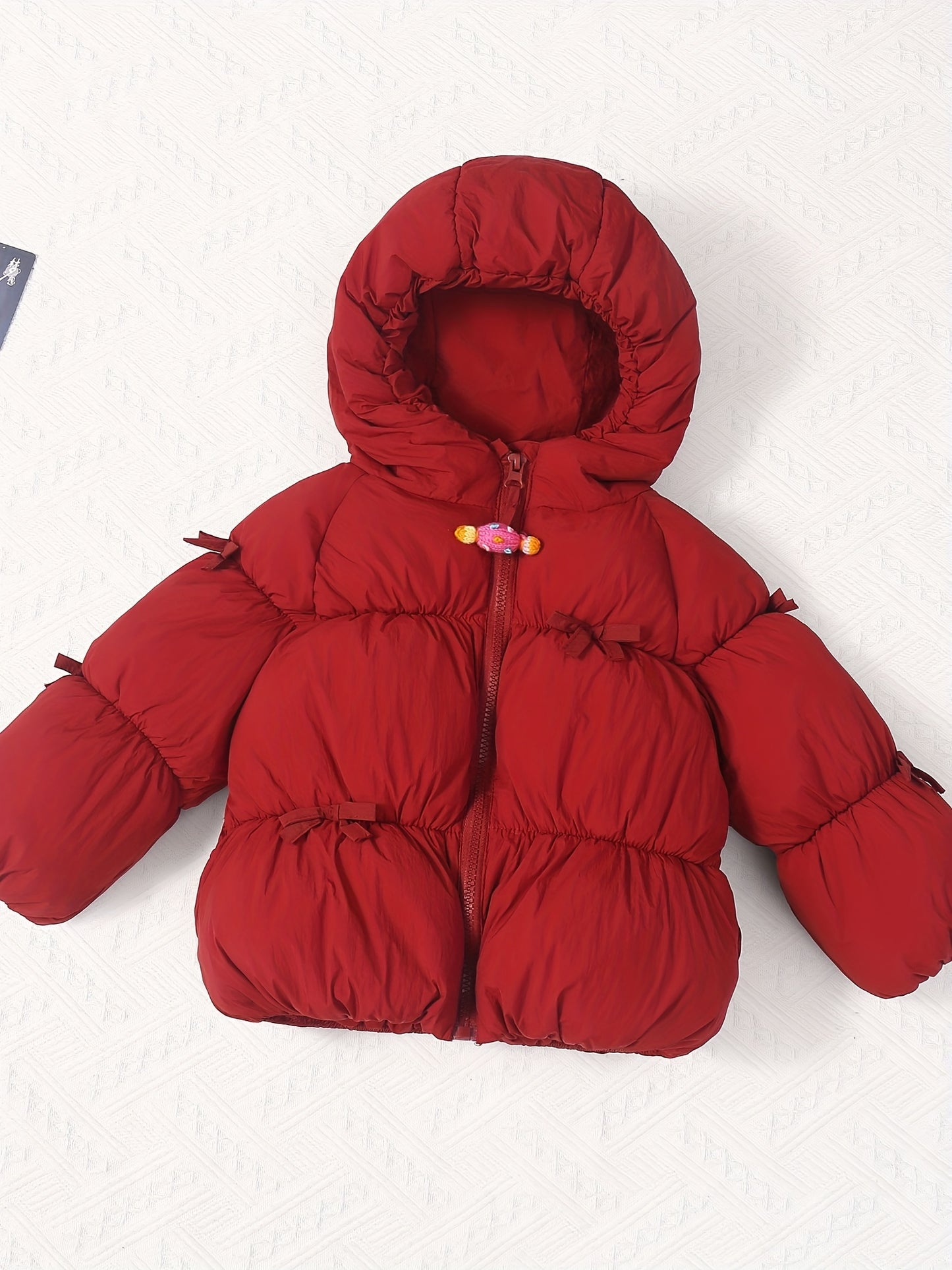 Girls' Winter Warm Hooded Jacket with Heart & Bow Accent - Cute Red Coat, Full-Zip Front Closure, Soft Polyester, Cozy Fall/winter Outerwear For Everyday & Special Occasions, Winter Clothes For Girls, Fall Winter Wear, Playfu
