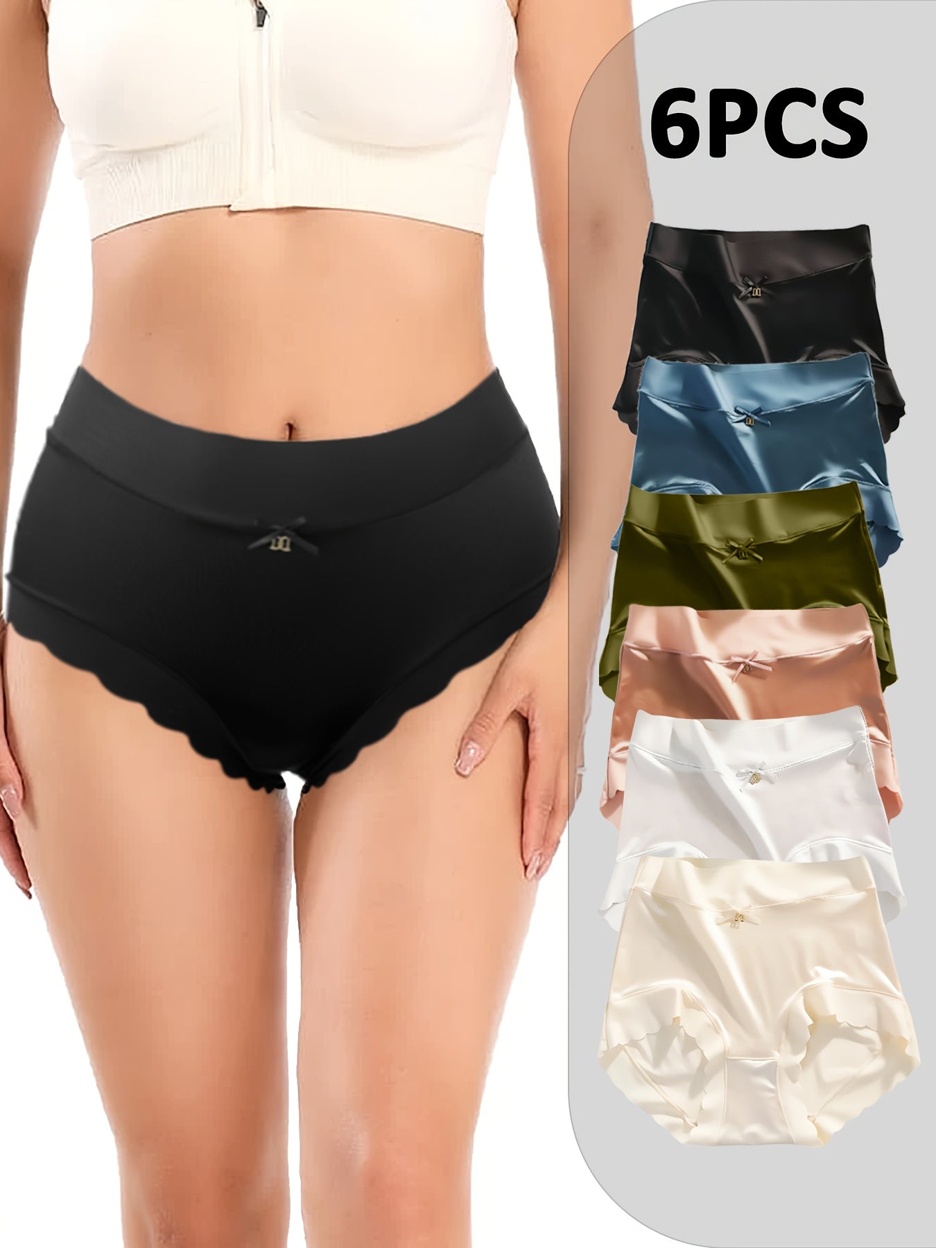 [Luxury Satin Panties] 6pcs Luxury Satin Bow Ruffle Panties - Soft And Stretchy - Stretch Low Rise Waist Panties - Fashionable Women's Lingerie Set for Casual Attire, New Autumn And Winter Style Solid Color Triangle Panties
