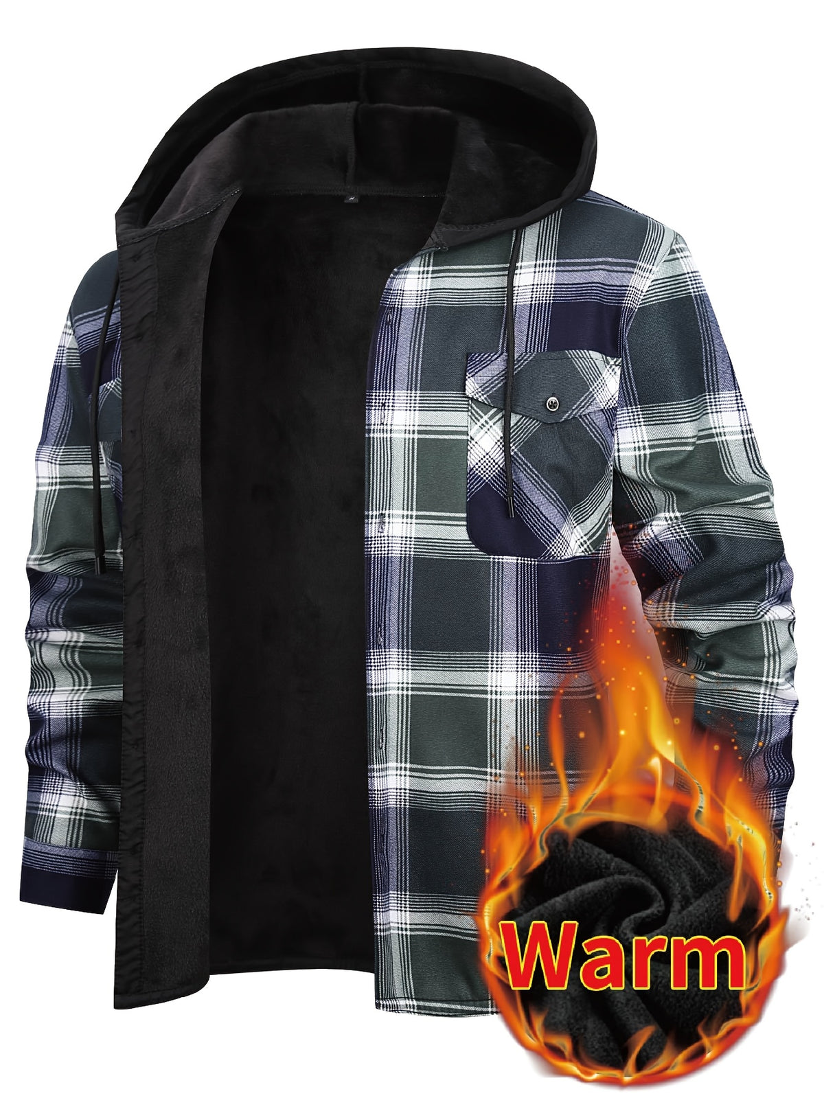 Men's Winter Plush-Themed Hooded Shirt Jacket - Thickened Button-Front Outdoor Coat with Pockets, Loose Fit Casual Blazer (Hand Washable, Fall/Winter) | European/Emerican Sizing for Cold Weather Layering