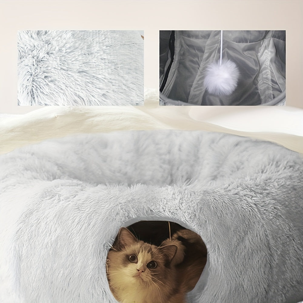 [Cozy Nest for Cats] 2-in-1 Plush Cat Tunnel Bed | Winter Warm Donut-Style Cozy Nest, Enclosed Hideaway with Peekaboo Hole & Hanging Pom Pom Toy, Extra Thick Soft Pet Bed for Anxiety Relief, Deep Sleep, Non Slip Bottom, Multi