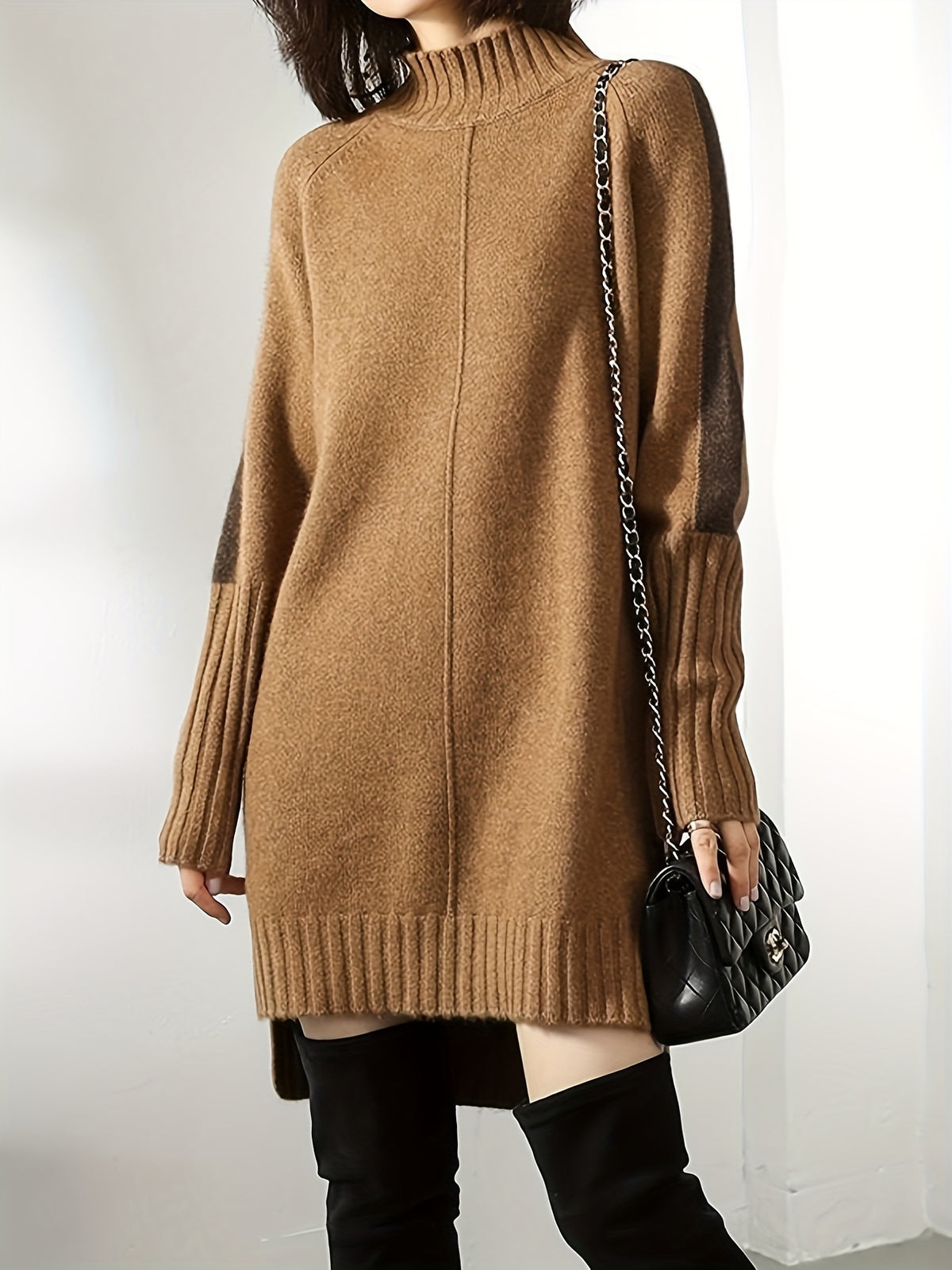 Women's Winter New Loose Elegance Long Sleeves Contrast Color Half Turtleneck Sweater Dresses