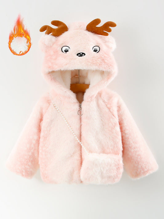 2pcs 'inter Coat & Bag Set with Antler Hat - Thickened Fleece Jacket, Hooded Collar & Plush Lining, Soft Shell, Cozy Warm Outfit for Christmas, New Year'S & Everyday Winter Wear - Stylish Holiday Gift (Solid Color, Easy-Care)