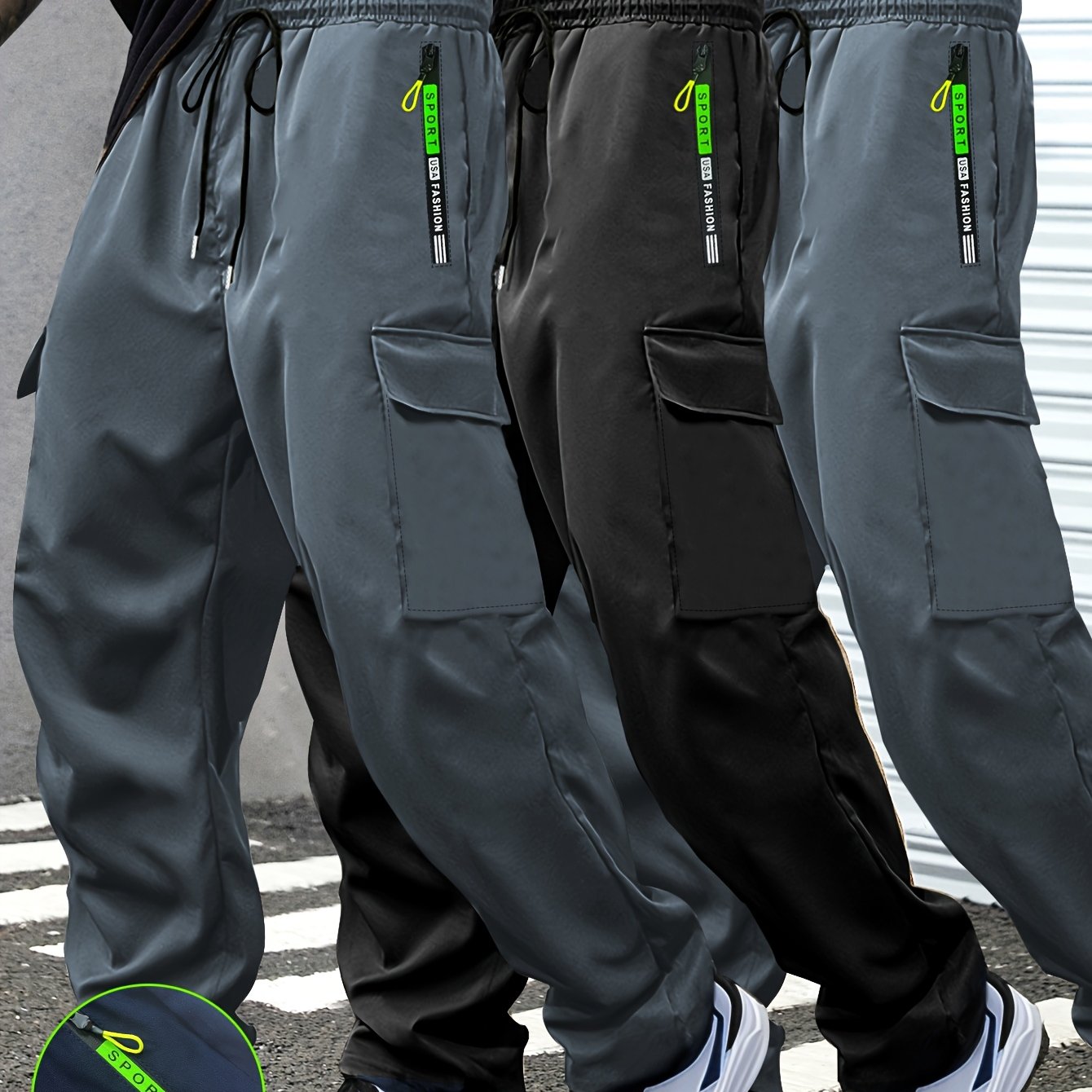 3-Pack of Men'S Thin Work Pants with Drawstring Elastic Waistband, Zipper Pockets, Large Patch Pockets, Comfortable And Breathable, Suitable for Outdoor Daily Leisure