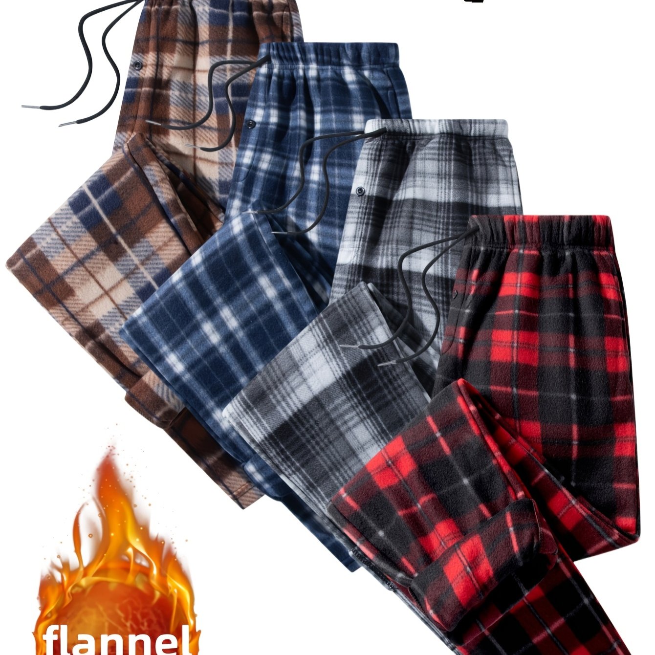 [4pcs Fleece Plaid Pants] 4pcs Set of Double-Sided Brushed Fleece Flannel Plaid Pants, Plaid Print Casual Sports Pants, Men's Outdoor Casual Sports Wear, Versatile Style, Details Elastic Band Plus 2 Insert Pockets