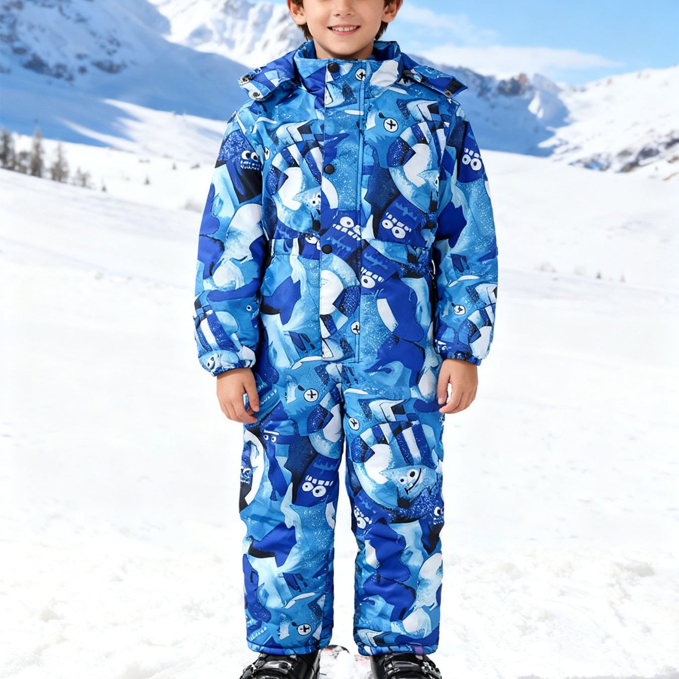 Kids' Thickened Warm Hooded One-Piece Ski Suit - All-in-One Snow Jacket & Pants with Pockets, Shark/Dolphin/Starfish Print Winter Snowwear for & Girls, Easy-Dress Outfit for Skiing, Snowboarding & Outdoor Play, Perfect for Ou