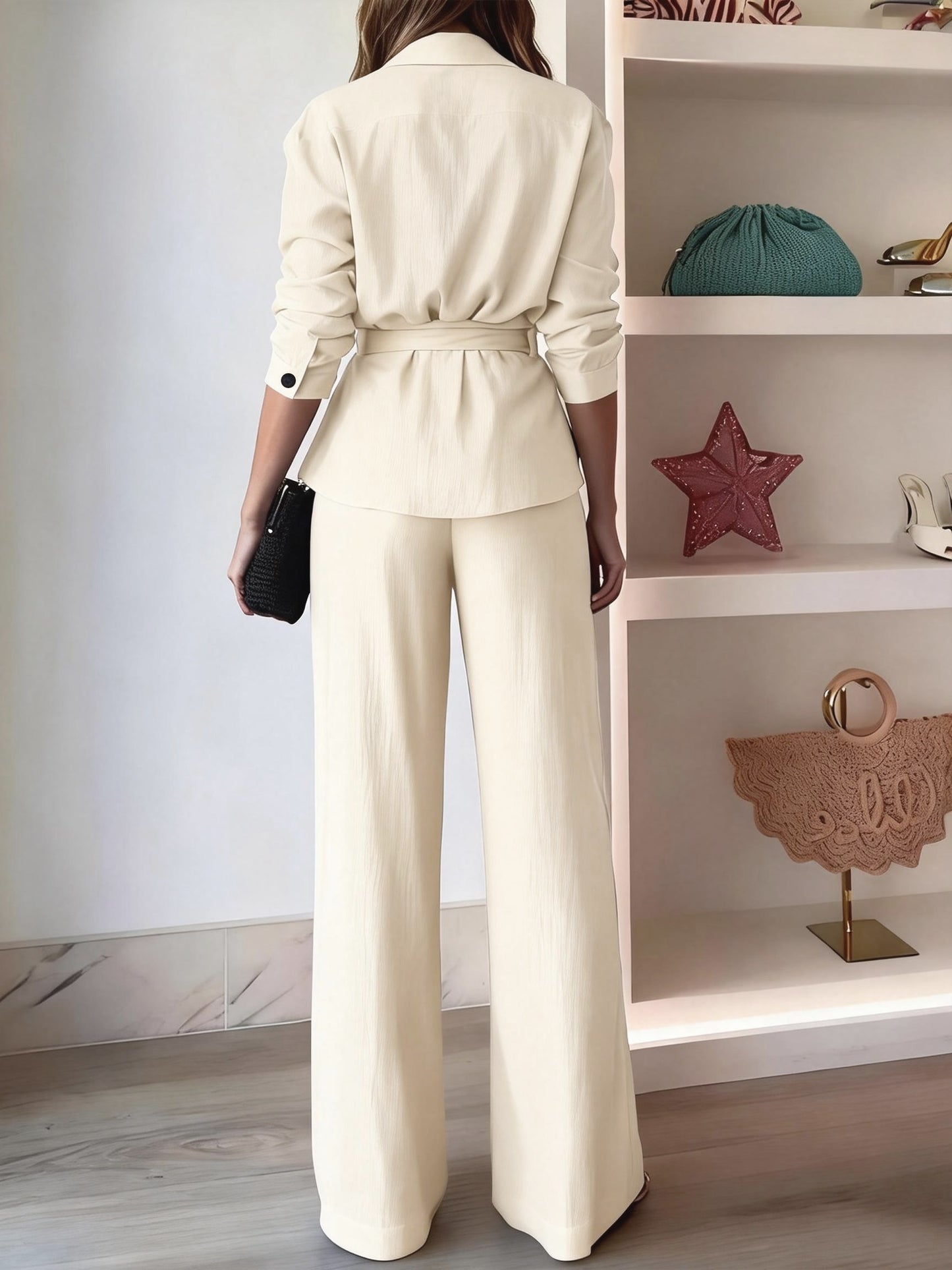 [Two-Piece Set] Casual Two-Piece Set Featuring a Collared Long-Sleeve Shirt with Buttons And Wide-Leg Solid Color Pants