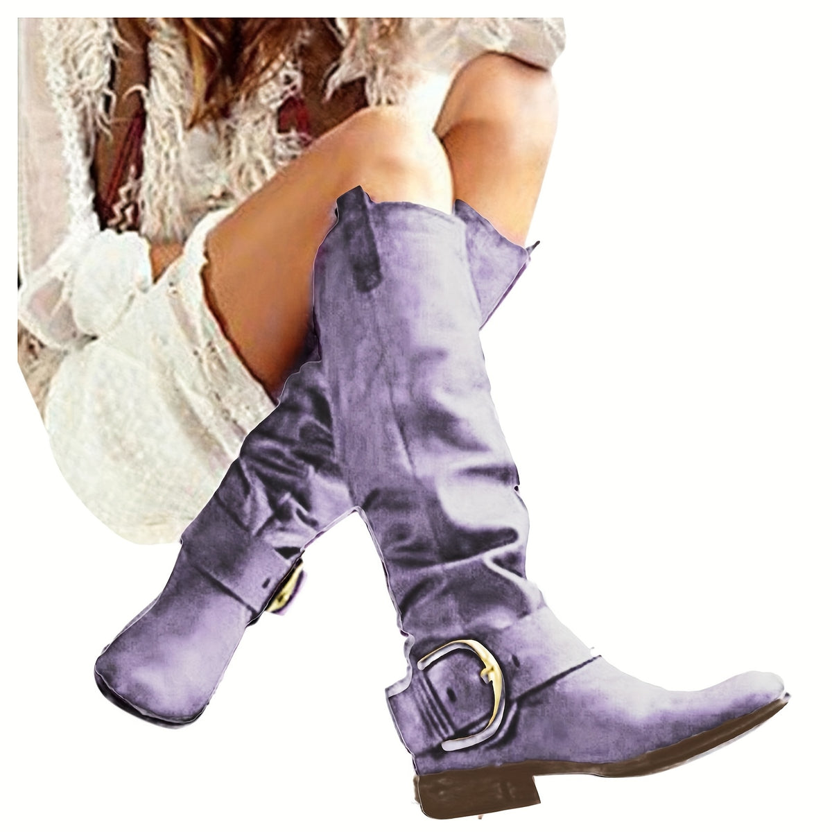 Women's Western Cowboy Boots - Chunky Low Block Heel Pull-On Knee-High Boots with PU Round Toe & Rubber Sole, Wide Widths (Size 11/12/13) - Cowgirl Riding Boots for Weddings, Rodeo, Casual Outfits -