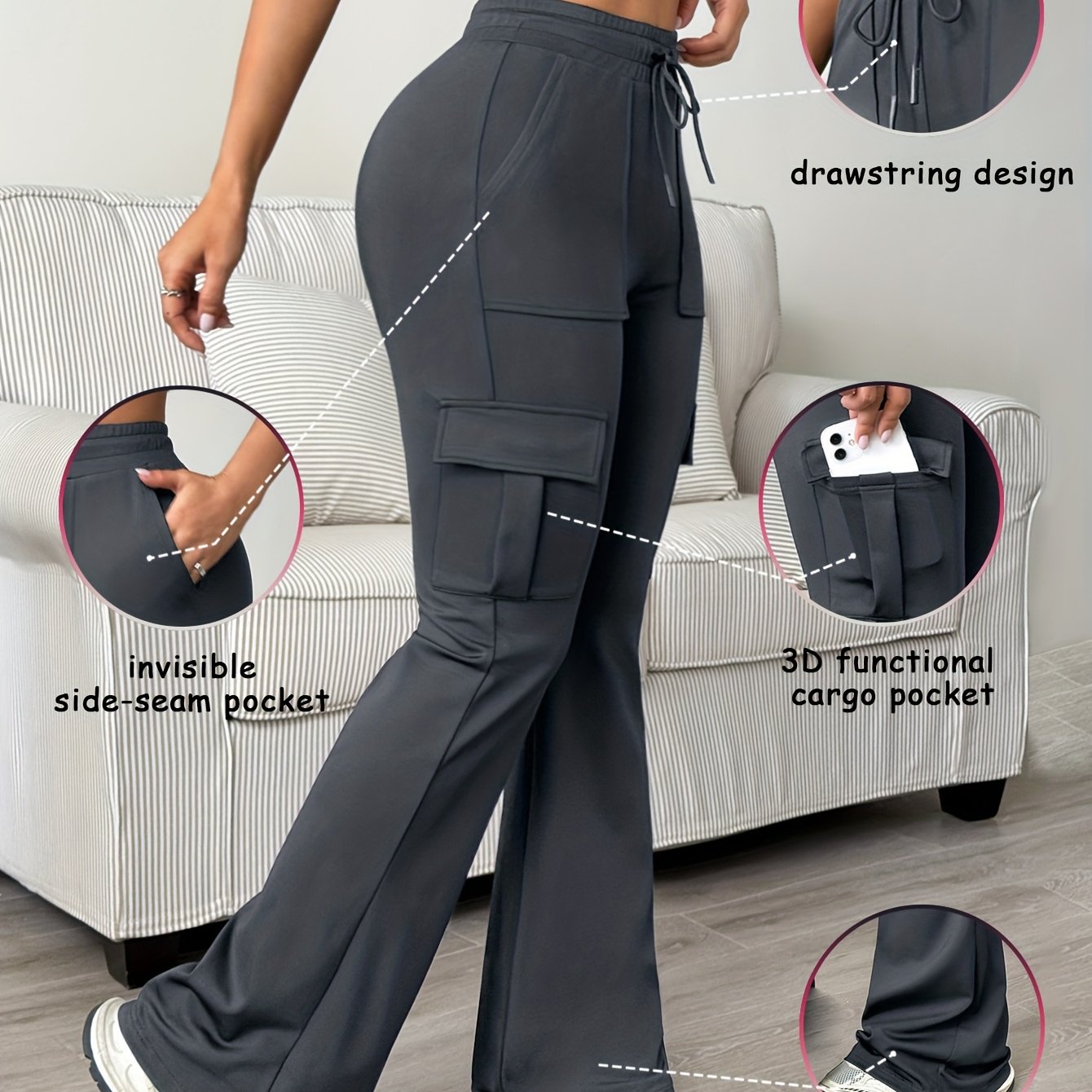 Women's Athletic Cargo Jogger Pants with Multi-Functional Cargo Pocket & Slim-Fit Ankle Design - All-Season Workout Running Gym Pants with Drawstring Waist & Lightweight Stretch Fabric (Machine Washable) for Casual Outdoor We