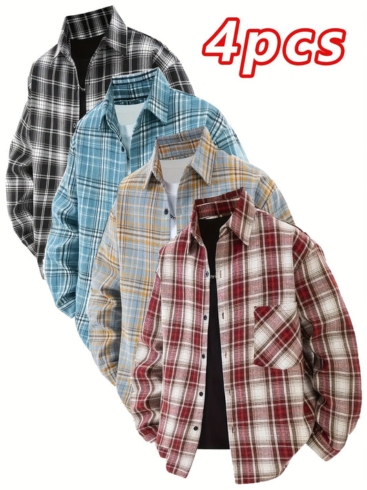 4pcs Unisex Retro Casual Button Up Shirt, Suitable for All Seasons. The Collar Design Is Classic And Elegant, with A Loose And Comfortable Checkered Pattern That Perfectly Meets Diverse Wearing Needs, for Teenager