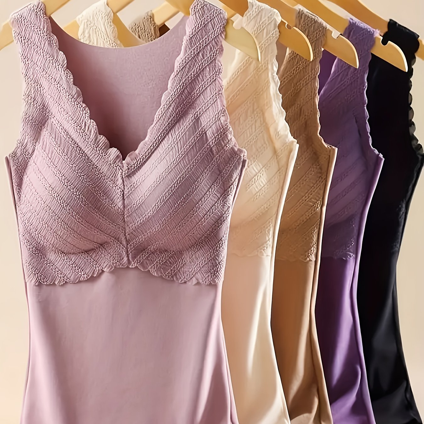 5pcs Women'S Autumn And Winter Thermal Underwear Set - Seamless Thermal Top With Lace Trim, Built-in Bra, Sleeveless Design, And Super Soft Stretch Base Layer For Cold Weather And Everyday Wear