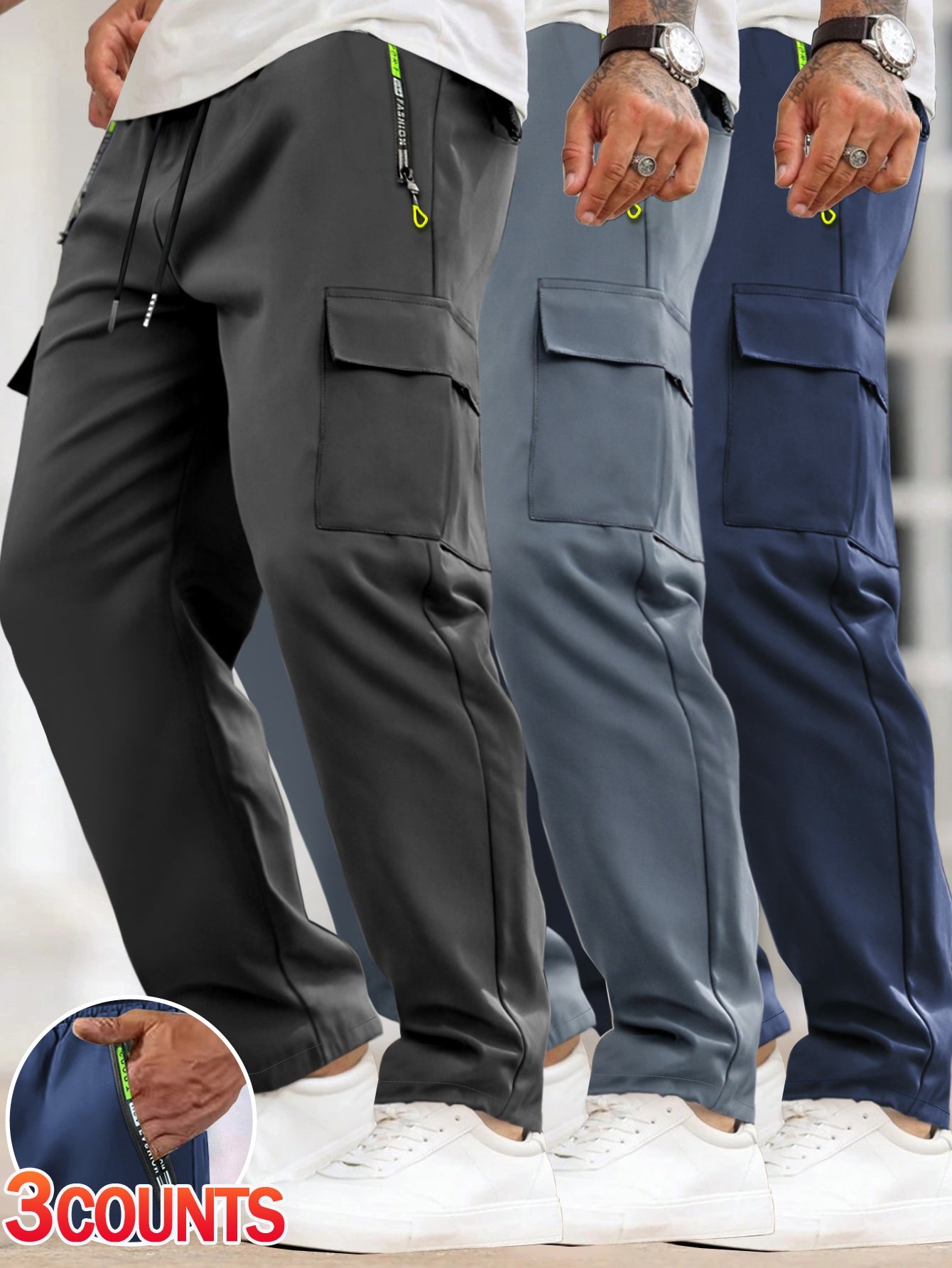 [3pcs Men's Cargo Pants] 3pcs Lightweight Men's Cargo Pants | Drawstring Elastic Waist, Multiple Zipper Pockets & Large Side Pockets | Breathable Regular Fit Casual Outdoor Pants for Spring/Fall (Black/Grey)