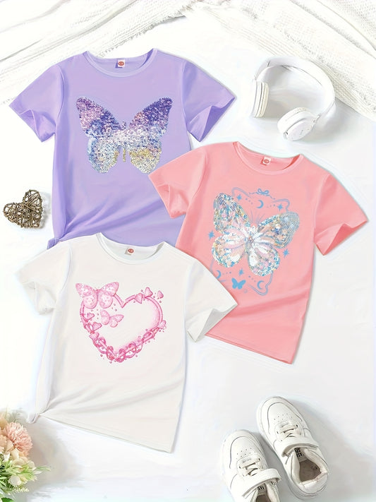 A Set of Three Stylish Short-Sleeve T-Shirts for Girls, Made from Comfortable Fiber, Perfect for Casual Summer Wear, Featuring Cute Cartoon Heart And Butterfly Prints, Suitable for Everyday And Outdoor Activities