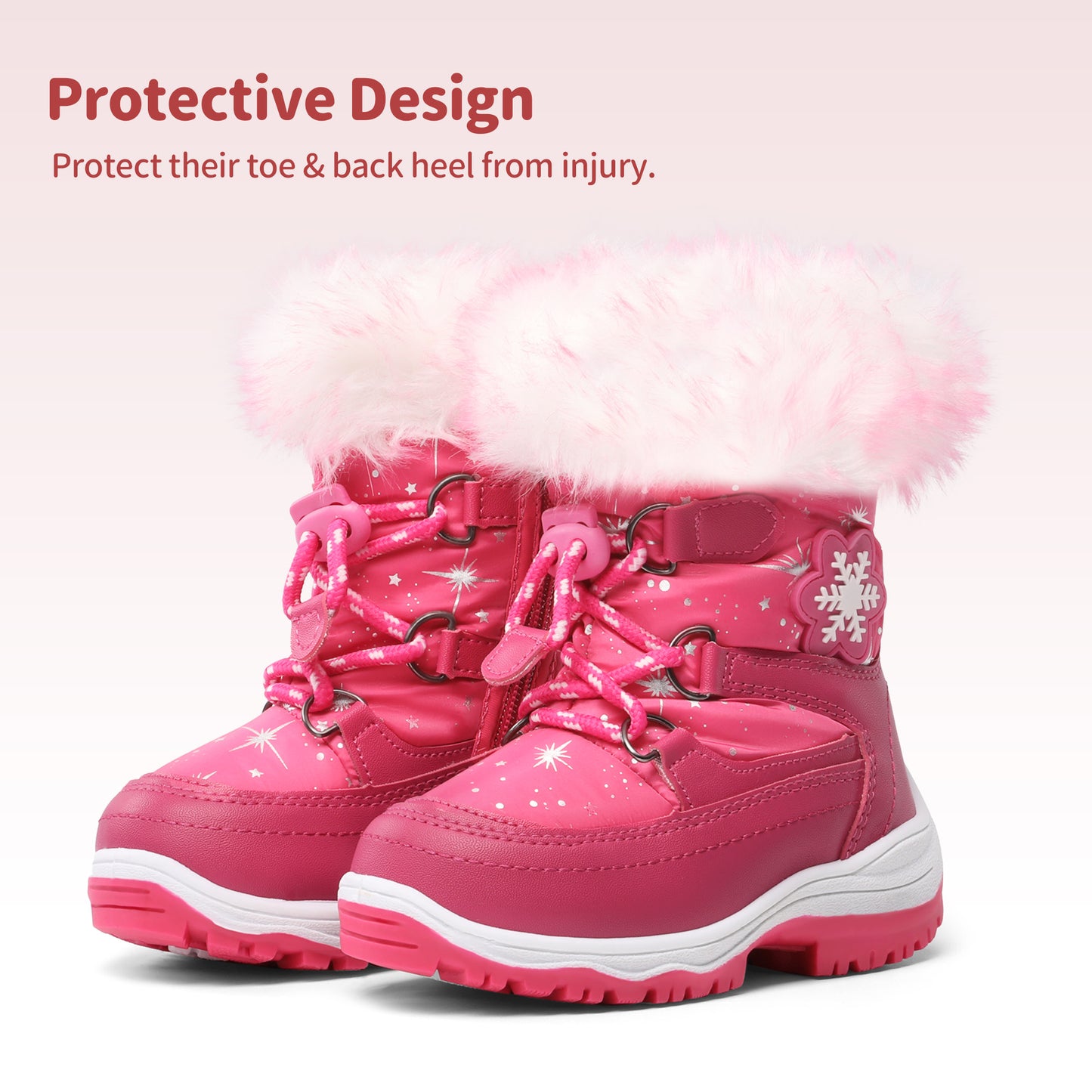 Girls' Slip-Resistant faux fur-Lined High-Top Winter Snow Boots with Pattern - Warm Mid-Calf Insulated Kids Shoes, Easy-On Lace Closure, Cushioned TPR Sole & Soft Fabric for Outdoor Play, School, and Everyday Winter Wear (Pin
