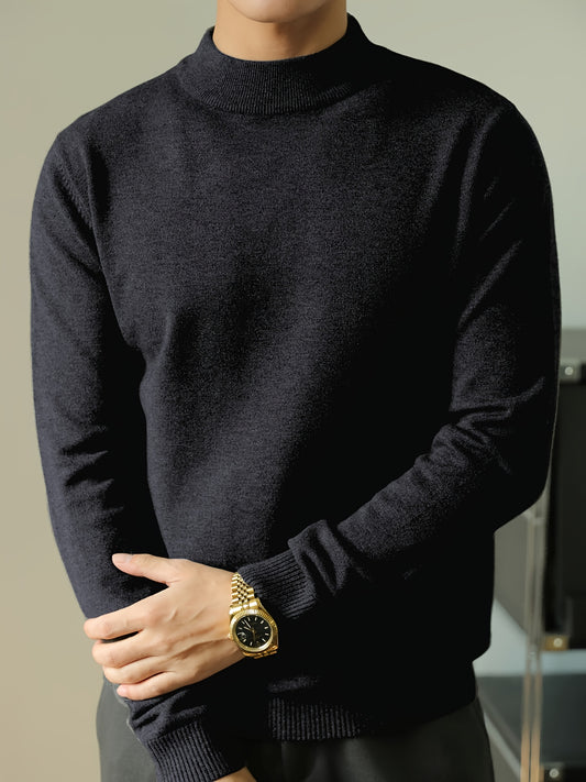 Men'S 2025 Autumn/Winter New High-Neck Long Sleeve Sweater - Casual Knit Warm Base Layer Top, 500g Thickened Fabric Comfortable Stretchy Solid Color Pullover, Medium Elasticity Slim Fit For Daily Wear, Hand Wash Only, Winter