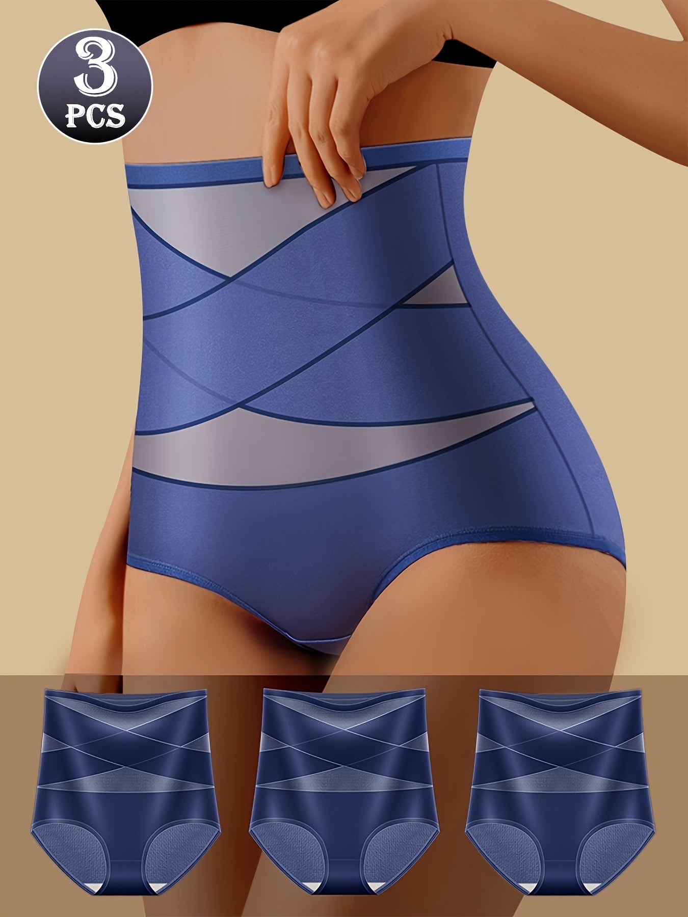 [3pcs High-Waisted Briefs] 3pcs Women's High-Waisted Cross-Strap Briefs - Breathable Comfort, Butt-Lifting Waist Cincher, Solid Color Set (Beige/White/Black), Everyday Casual Wear, Comfortable Undergarment, Simple Design, Smo