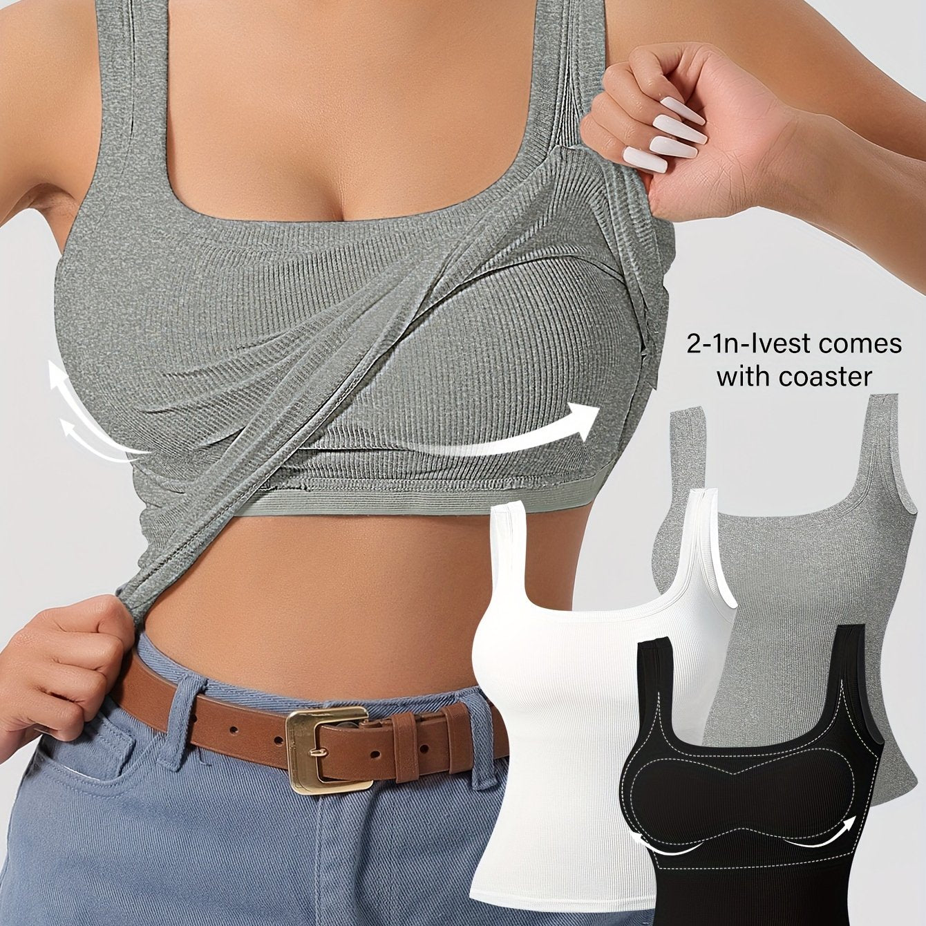 Women's 3Pcs U-Back Tank Tops With Removable Pads, Slim Fit Solid Color Versatile Inner & Outerwear Camisole Vest Set Casual Style