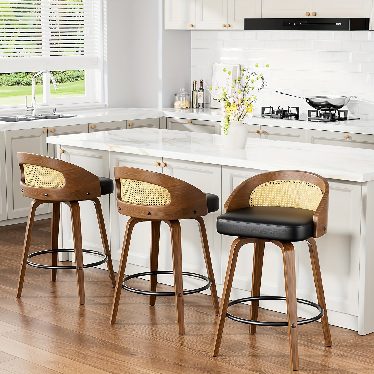 3/4 Bar Stool Set: Luxurious Faux Leather, Swivel Design, Armless, Featuring Thick Cushions And Back Support, Specifically Designed for Kitchen Islands And Bar Counters.