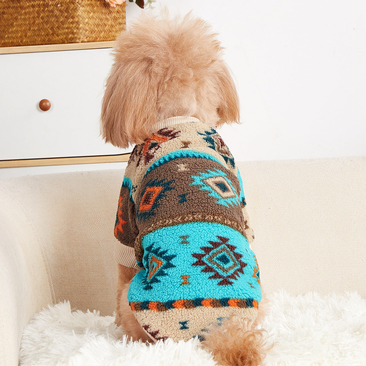 Hree Southwestern Turquoise/Orange/Brown/Black/White/Gray/Beige Plush Pet Sweater - Winter Warmth for Small, Medium, Large Dogs & Cats - Easy Overhead Pullover Hoodie with Soft Cozy Fabric, Hand Wash Only, Retro Southwestern