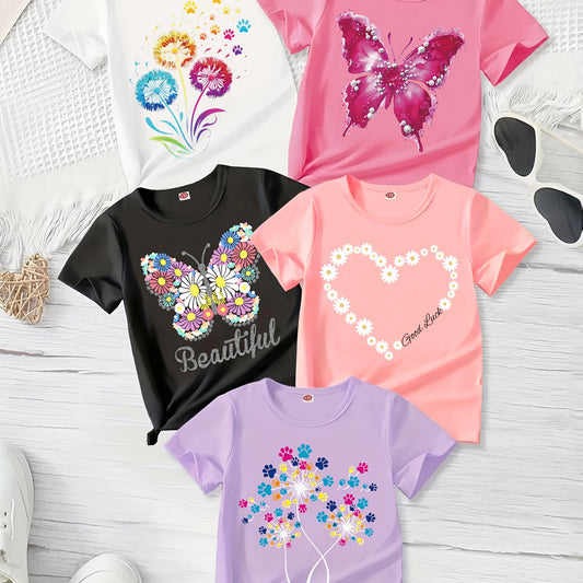 A Set of 5 Sweet And Cute Short-Sleeve T-Shirts for Girls, Featuring Beautiful Prints of Butterflies, Dandelions, And Floral Heart Designs. These Comfortable Casual Summer Tops Have a Regular Fit And Moderate Elasticity