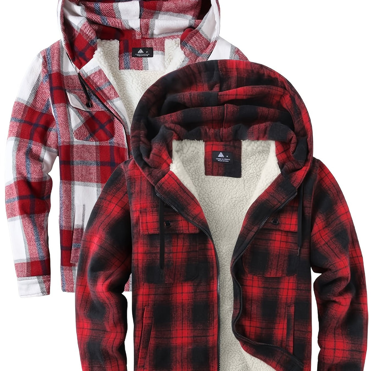 2pcs Men's Heavy Duty Sweater Hooded Jacket - Fully Zipped Thick Snow Mountain Lined Flannel Plaid Shirt with Pockets, Casual Style, Perfect for Fall And Winter, Hooded Collar, Regular Fit, Plaid Pattern, Men's Jacket, Cold W