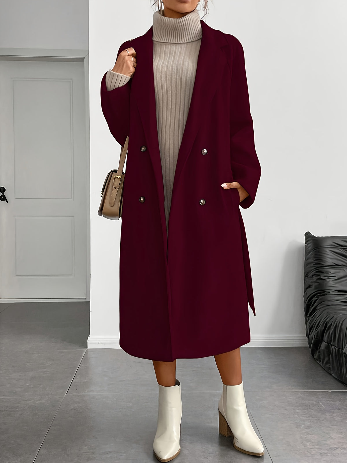 Women'S Burgundy Winter Coat Jacket - Elegant Structured Lapel Collar & White Piping Trim, Machine Washable Warm Outerwear with Solid Color Button Front Closure, Long Sleeve Tailored Blazer for Casual & Formal Daily Wear, Off