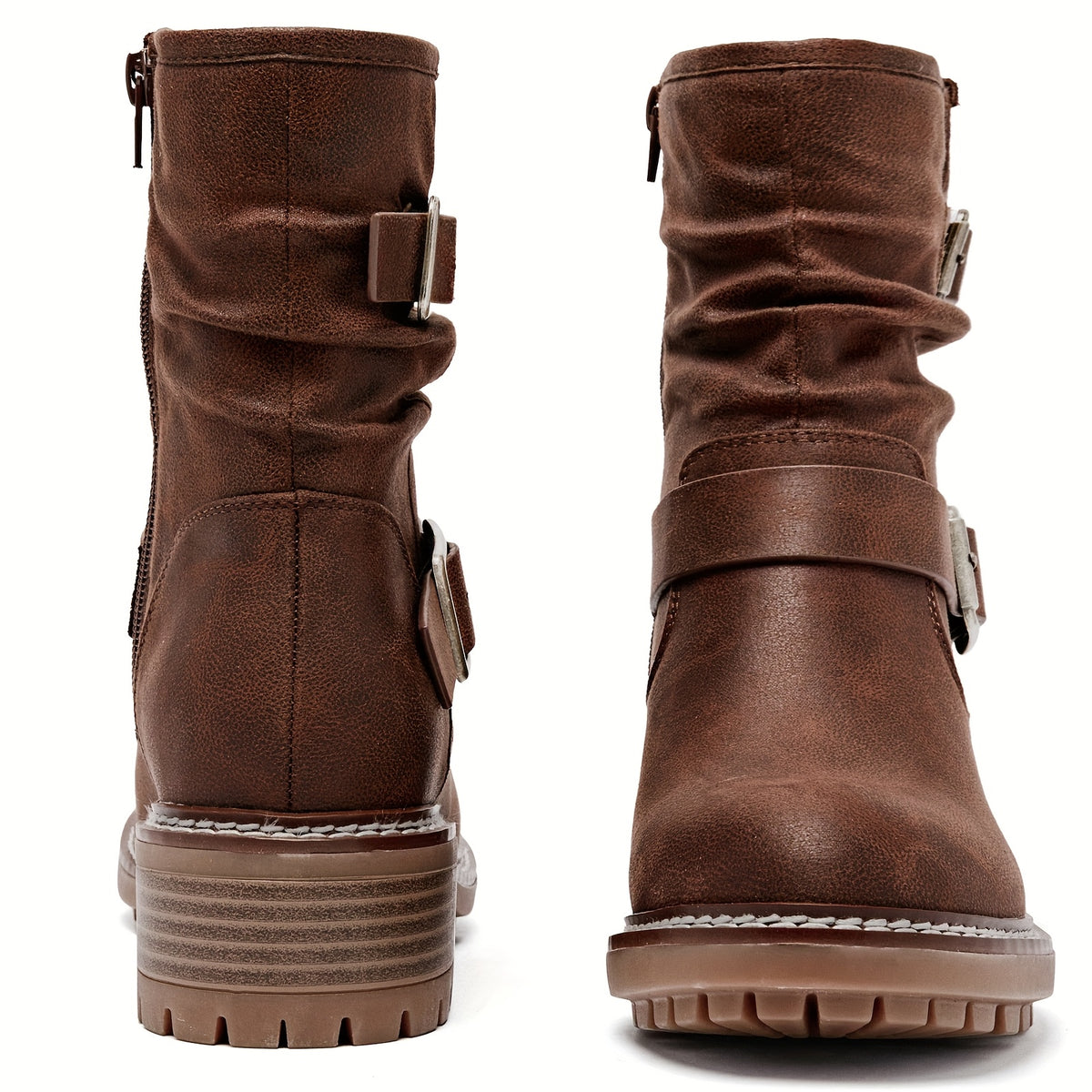 Women's Low Chunky Heel Riding Combat Boots - Round Toe Short Boots with  /Fiberliner & TPR Sole, Zipper Closure Casual All-Season Booties for Equestrian, Outdoor, Casual Attire (Solid Color)