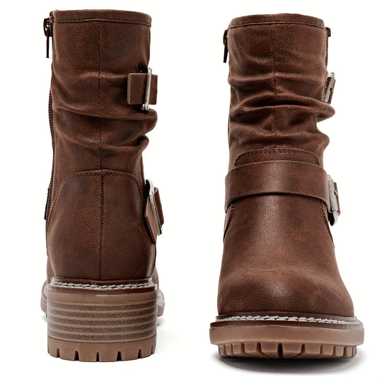 Women's Low Chunky Heel Riding Combat Boots - Round Toe Short Boots with  /Fiberliner & TPR Sole, Zipper Closure Casual All-Season Booties for Equestrian, Outdoor, Casual Attire (Solid Color)