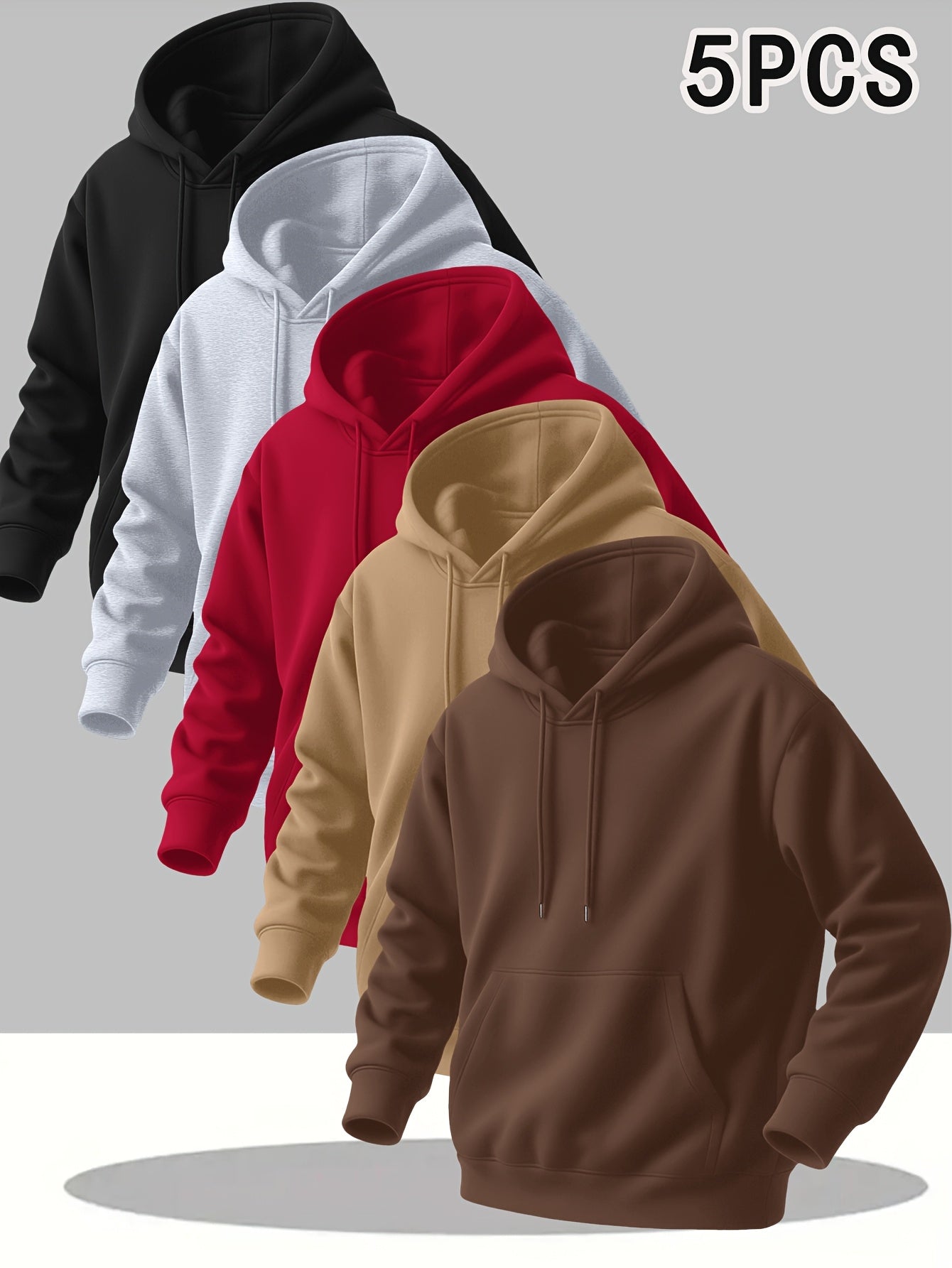 5pcs Solid Color Men's Hooded Long Sleeve Sweatshirts with Kangaroo Pocket - Breathable Pullover Sweaters, Machine Washable Outdoor Gym Jogging Wear, Spring/Fall Casual Layering (Regular Fit, 5pcs Bulk Order Discount)