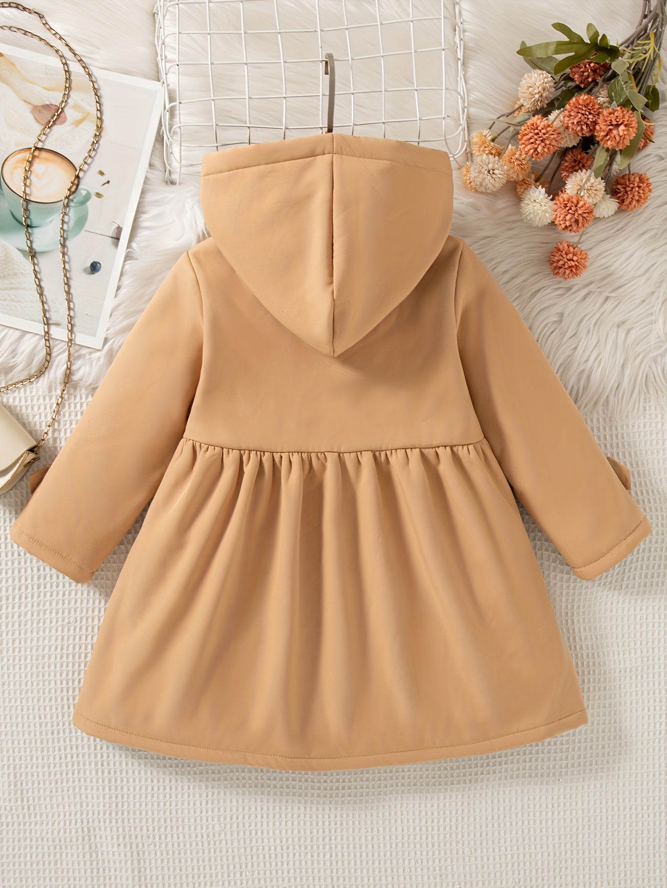 [Girls' Hooded Coat] Mystic Thought Girls' Casual Double-Breasted Hooded Coat with Full-Zip Front, Brown & Animal Print, Long Sleeve, Button-Up, Flared Hem, Non-Stretch Fabric