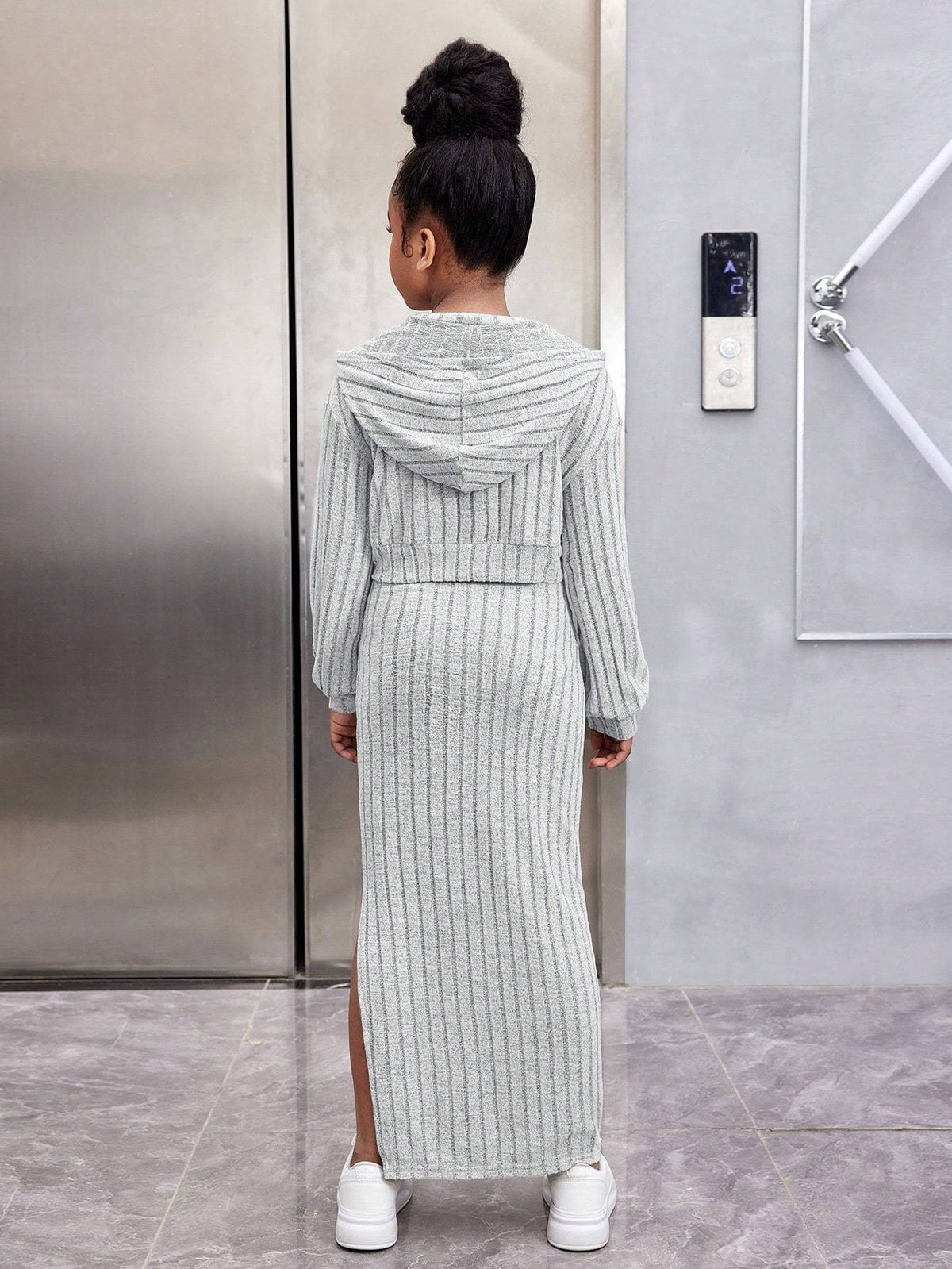 Tween Fashion Casual Versatile Velvet Ribbed V-Neck Hooded Loose Crop Top & Fitted Long Dress 2pcs Set, Perfect for: Young Teens, Style: Fashion, Season: Fall/Winter, Fall Winter Clothing, Stylish Outfit, Trendy Fashion, Qual