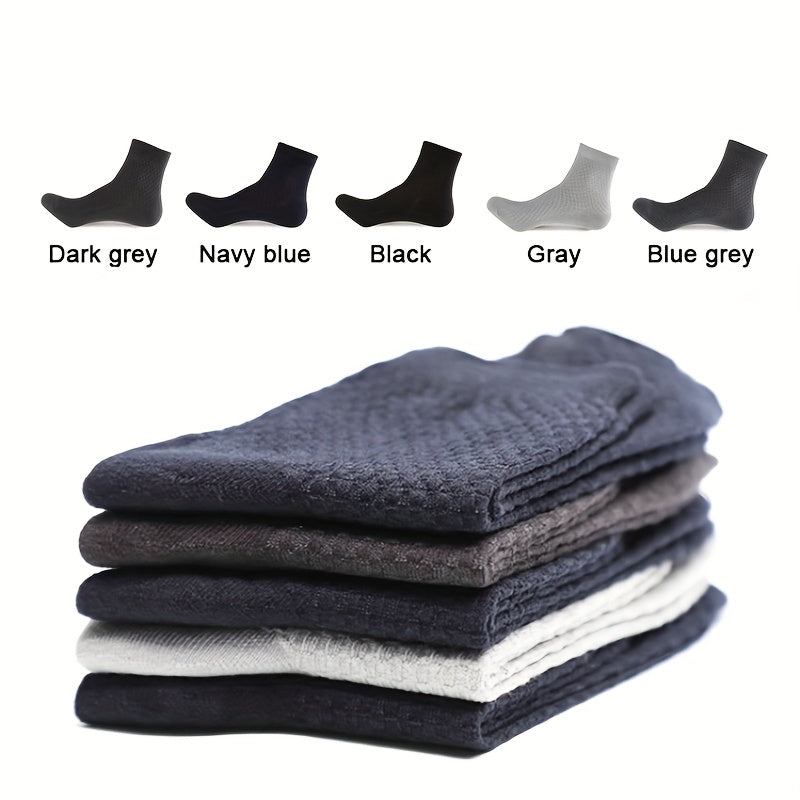 [Breathable Bamboo Socks] 5 Pairs Bamboo Fiber Men's Mid Tube Socks | Breathable Business Casual Formal Socks, Double Needle Dark Square Pattern