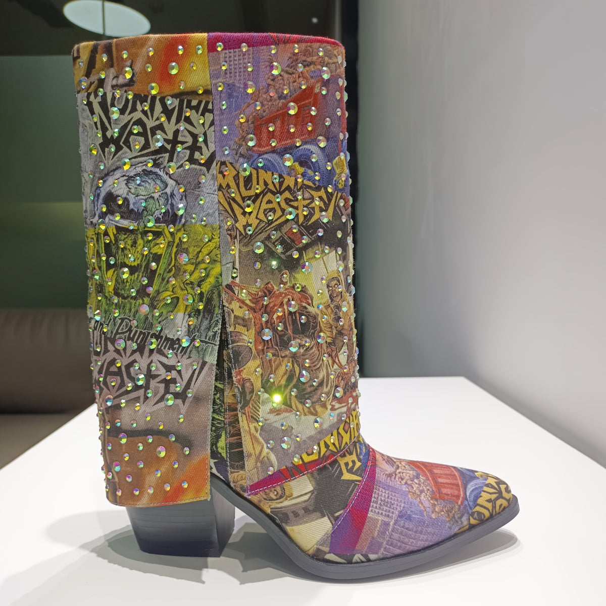 One - Of - A - Kind! Punk Western Cowboy Boots With Rhinestones & Random Graffiti Mix | Denim Fabric, Sturdy Sole, Comfy Insole | For Concerts, Festivals, Shopping & Parties, All - Season
