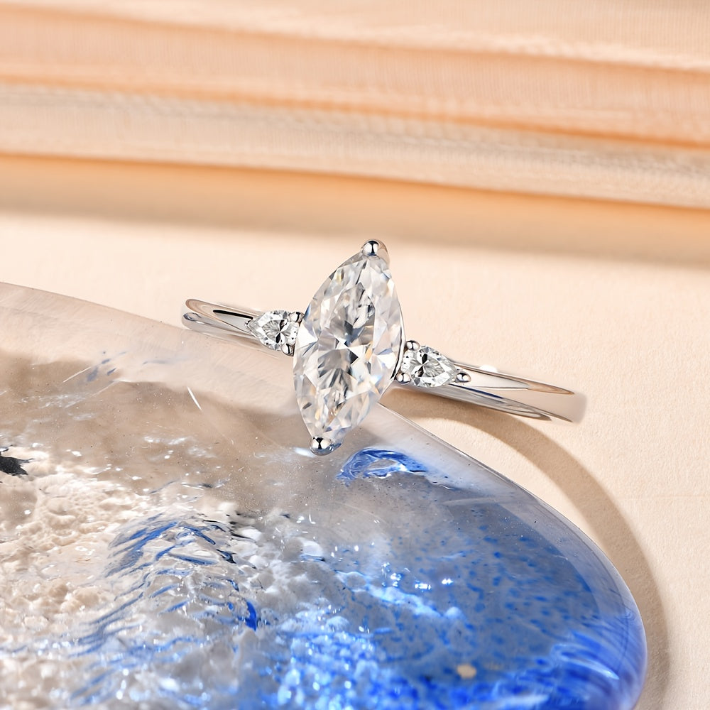1pc Of 2.3g Silvery 925 Ring. Marquise - Shaped Moissanite Set, Small Moissanite On Shank. Minimalist, Sparkling, Unique & Eye - Catching. Great for Engagements, Proposals. Jewelry Gift for Girlfriends Or Wives., Anniversary