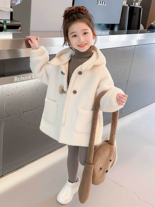 Girls' Luxury Plush Hooded Winter Coat - Thickened Warm Fleece-Like Insulation, Soft Loose-Fit Long Sleeve Jacket with Front Button Closure & Hood, Cozy Casual Outerwear for & Young Girls ( to Early Childhood) - Versatile for