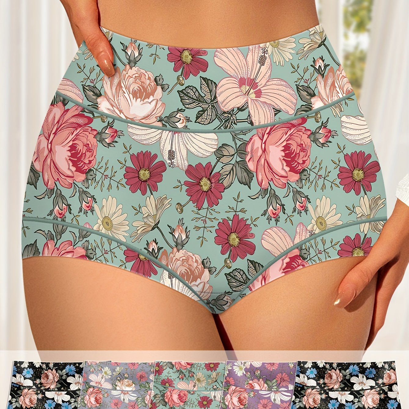 [5-Pack MIOTAN Underwear] MIOTAN 5-Pack Women's High-Waisted Underwear | Tummy Control, Butt Lift, Floral Print, Soft Breathable Triangle Briefs | Elegant, Durable, Stylish Lingerie, Lightweight Material, Comfort Seekers